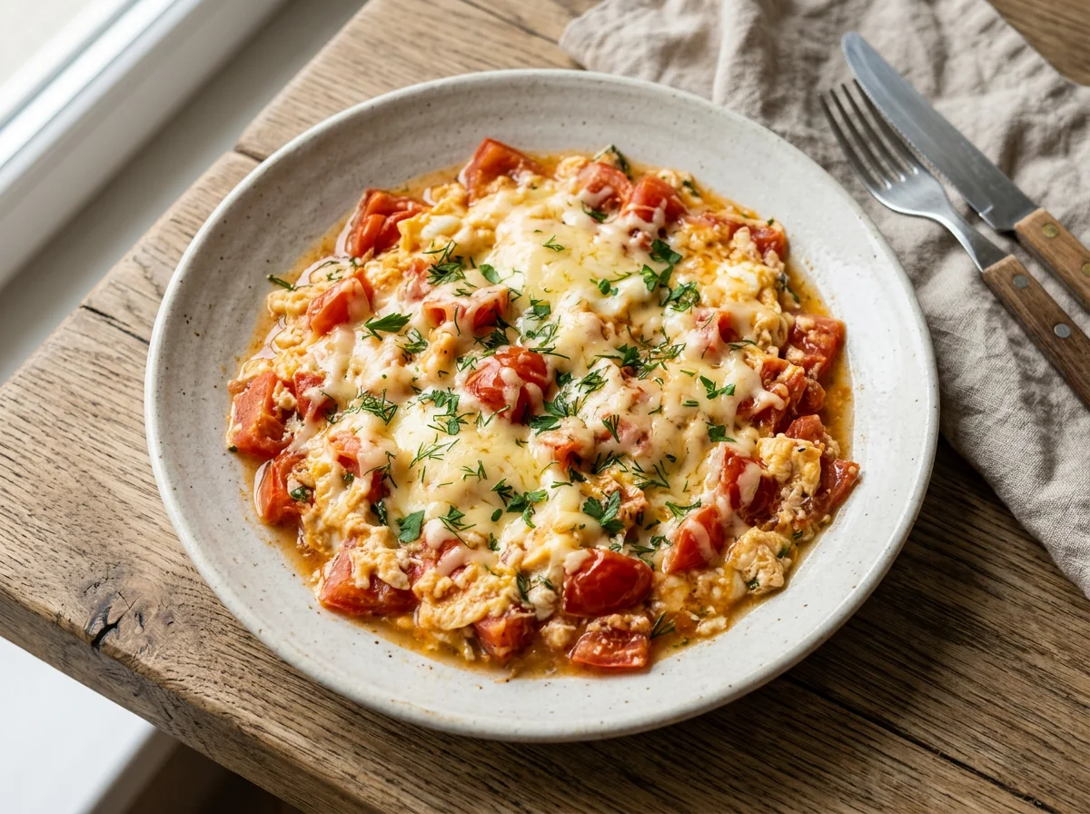 Яичница с сыром и помидорами photo