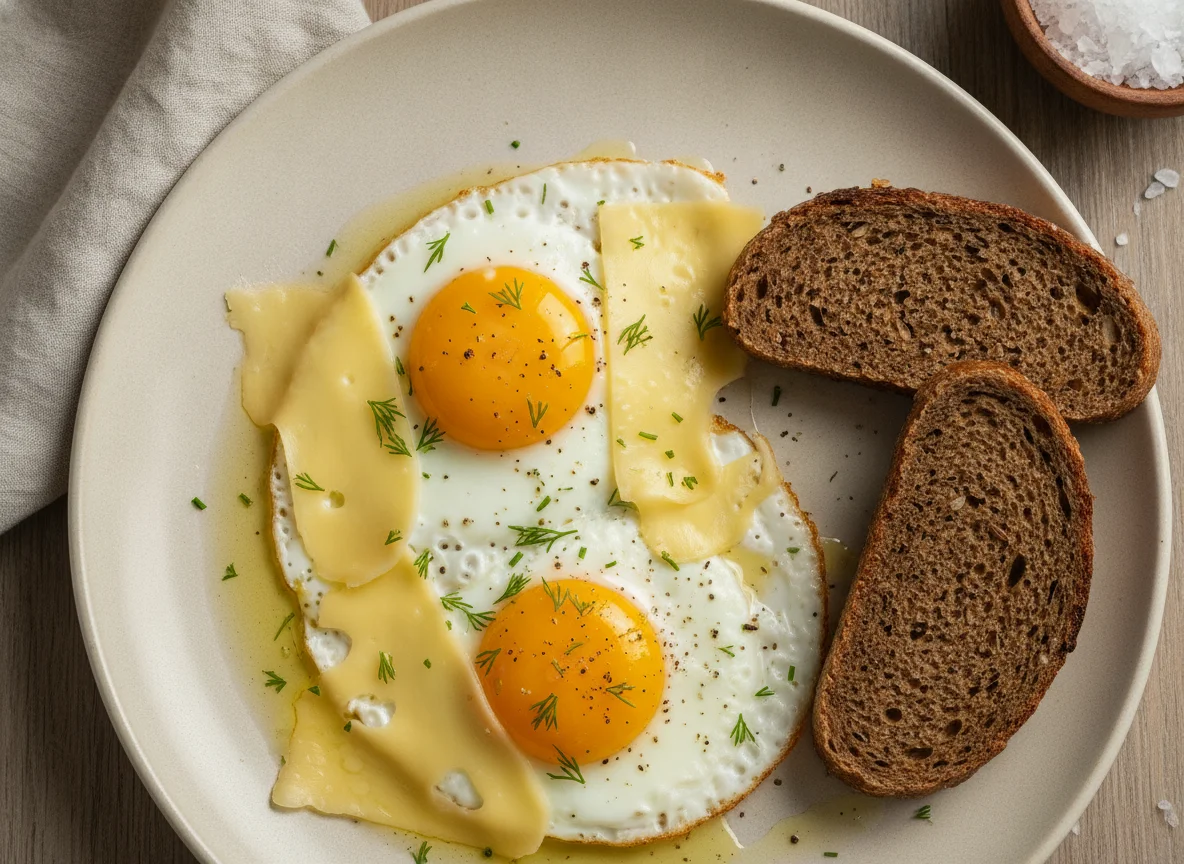 Яичница с сыром и ржаным хлебом photo