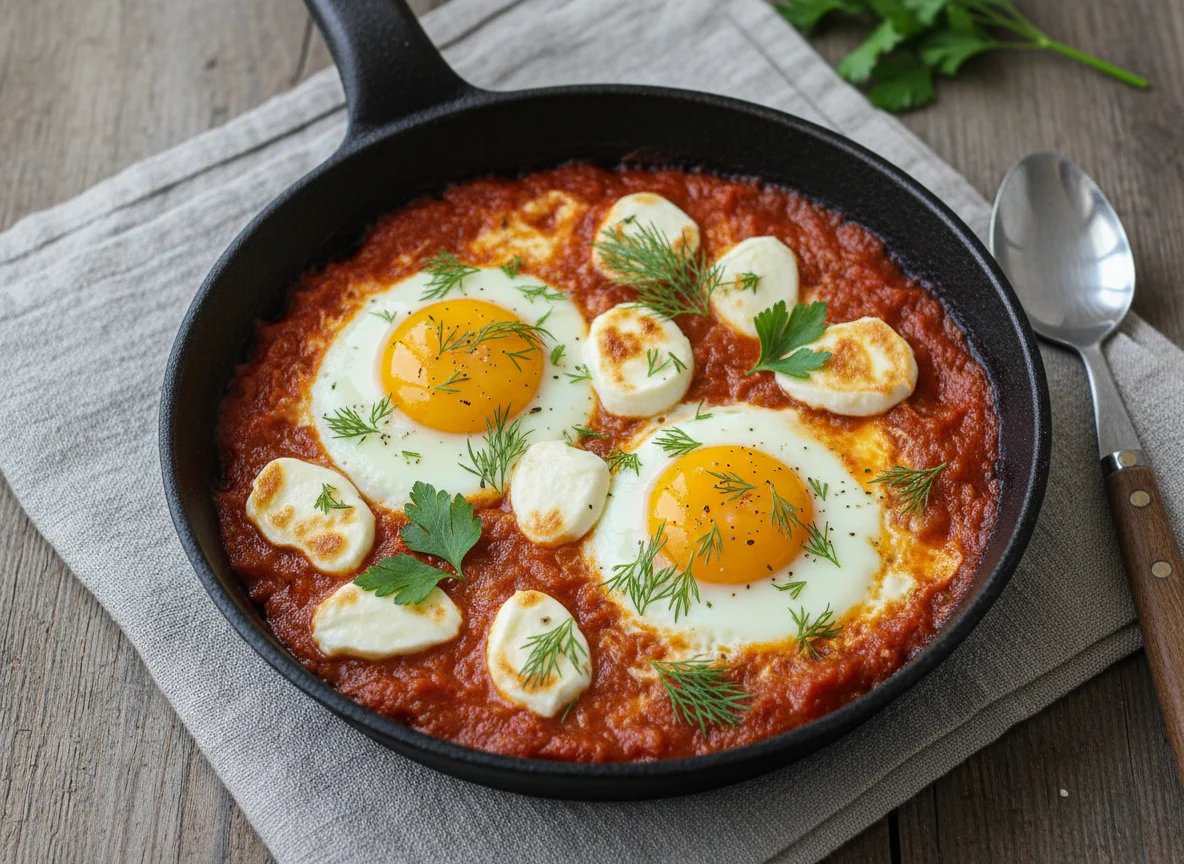 Яичница с томатным соусом и сыром photo