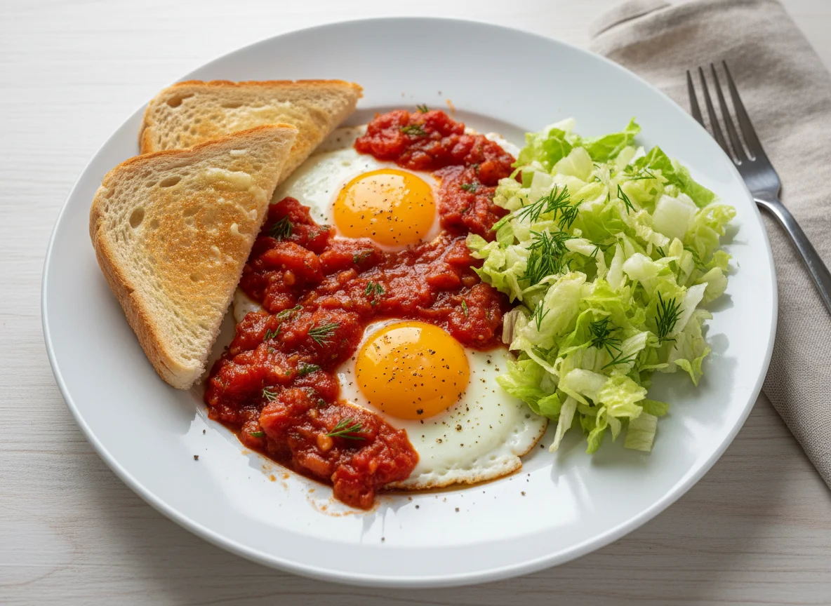 Яичница с томатным соусом, тост и салат photo