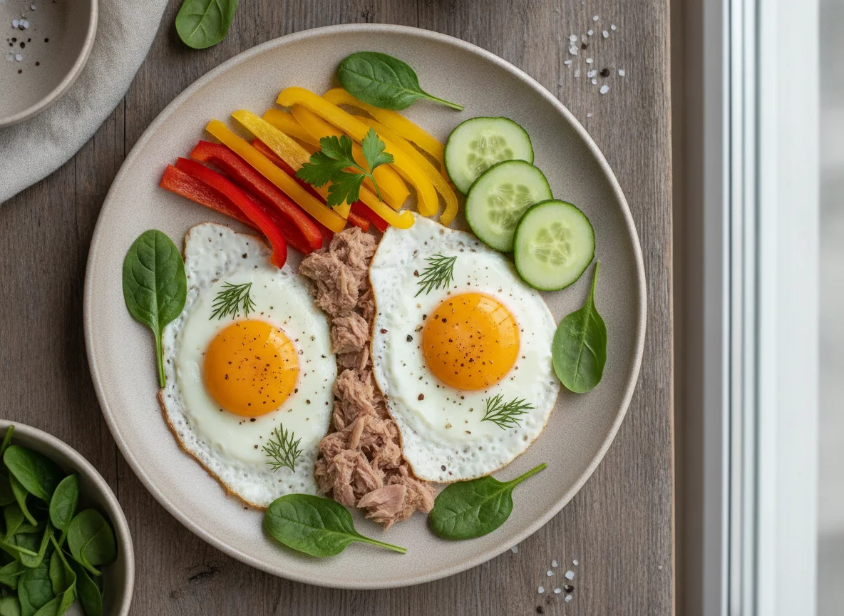 Яичница с тунцом и овощами photo