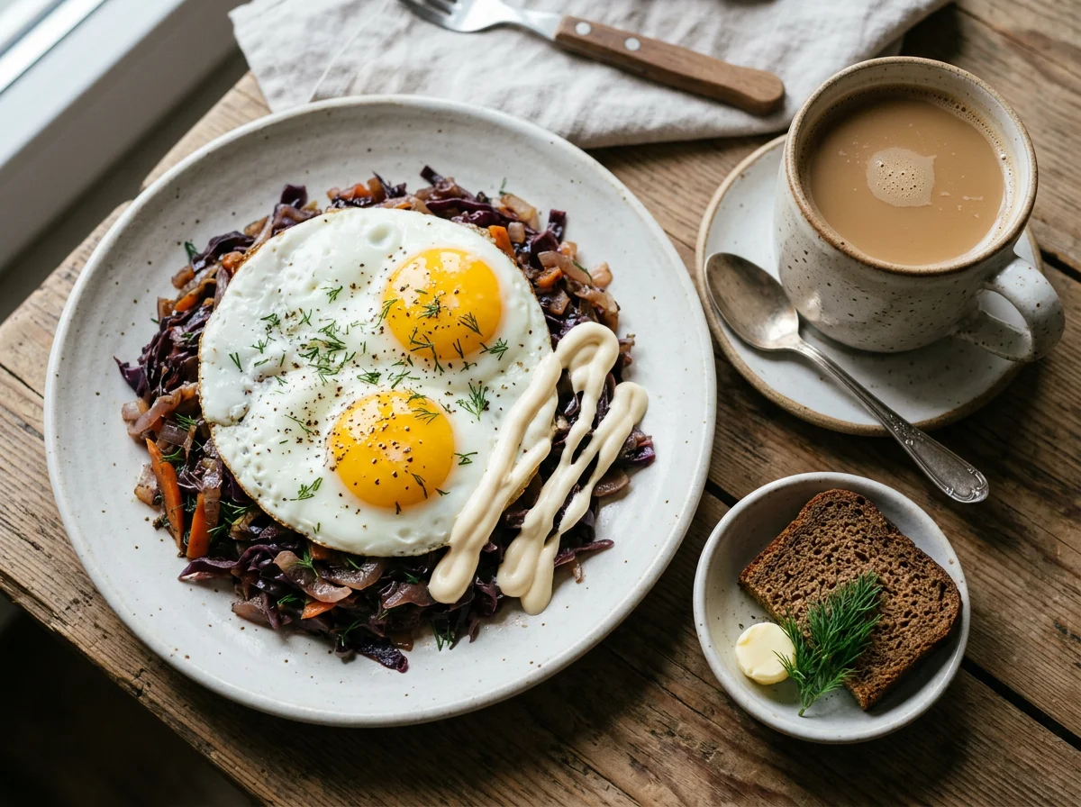 Яичница с тушеной капустой и кофе photo