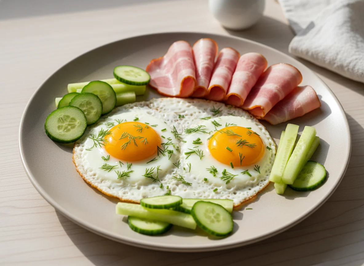 Яичница с ветчиной и огурцами photo