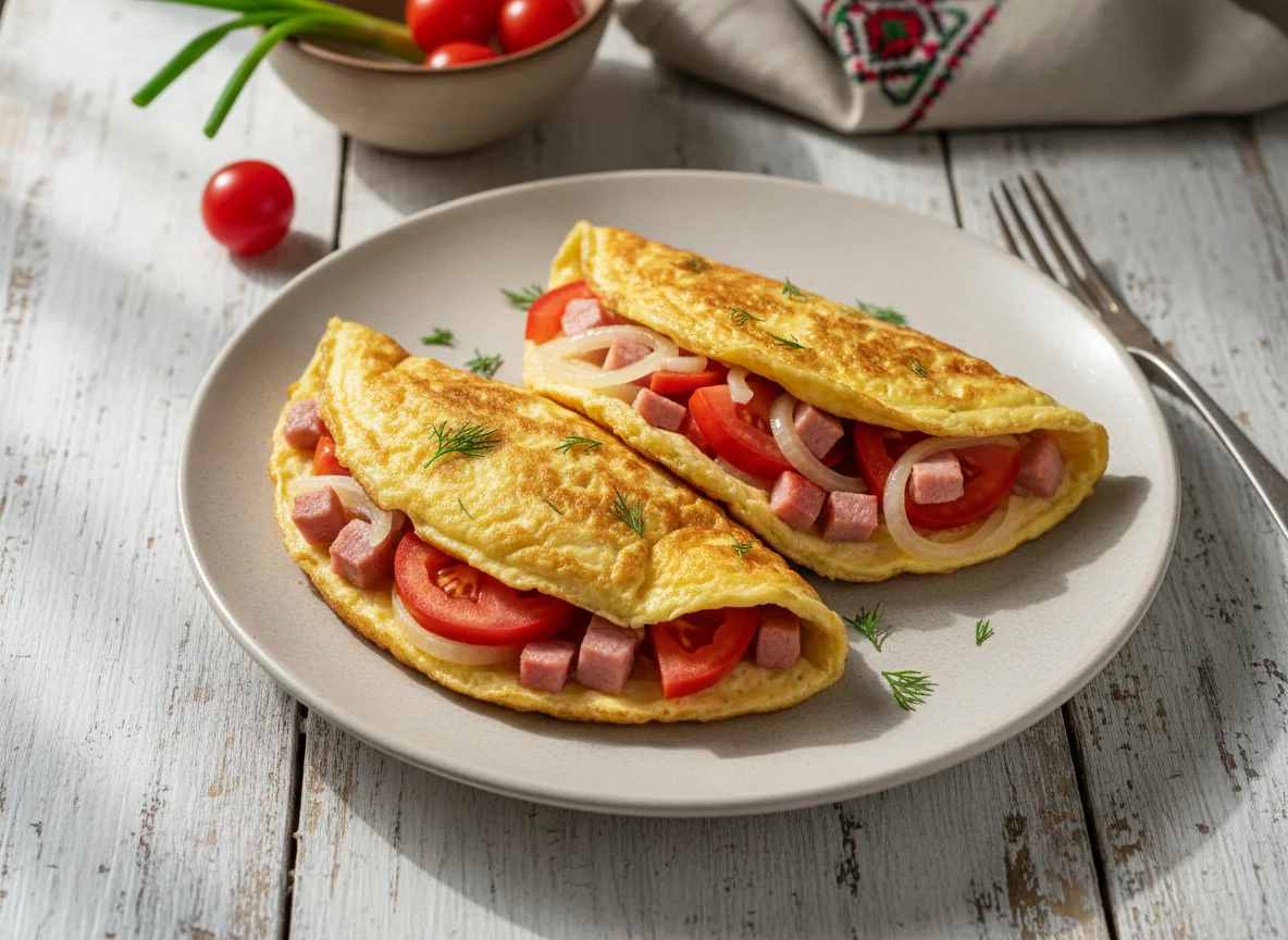 Яичница с ветчиной и овощами photo