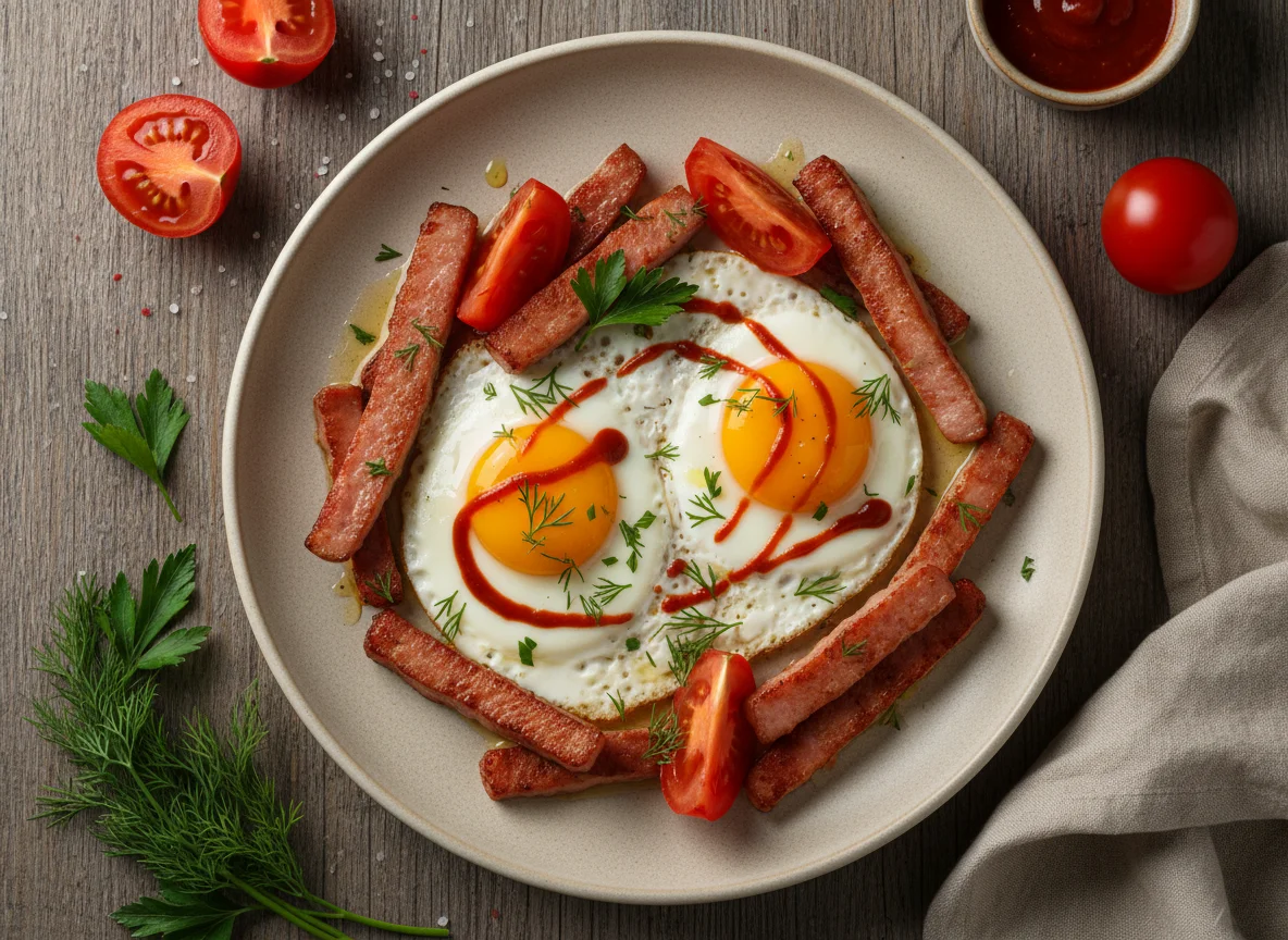 Яичница с ветчиной и помидорами photo