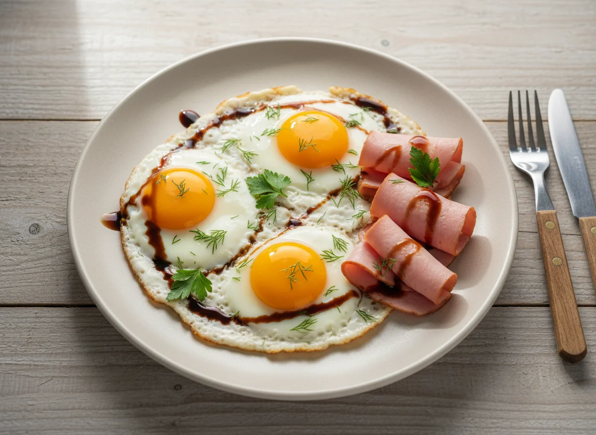 Яичница с ветчиной и соусом photo