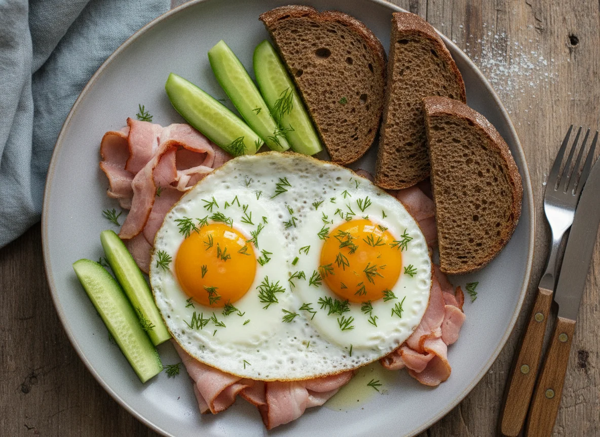 Яичница с ветчиной, огурцом и ржаным хлебом photo