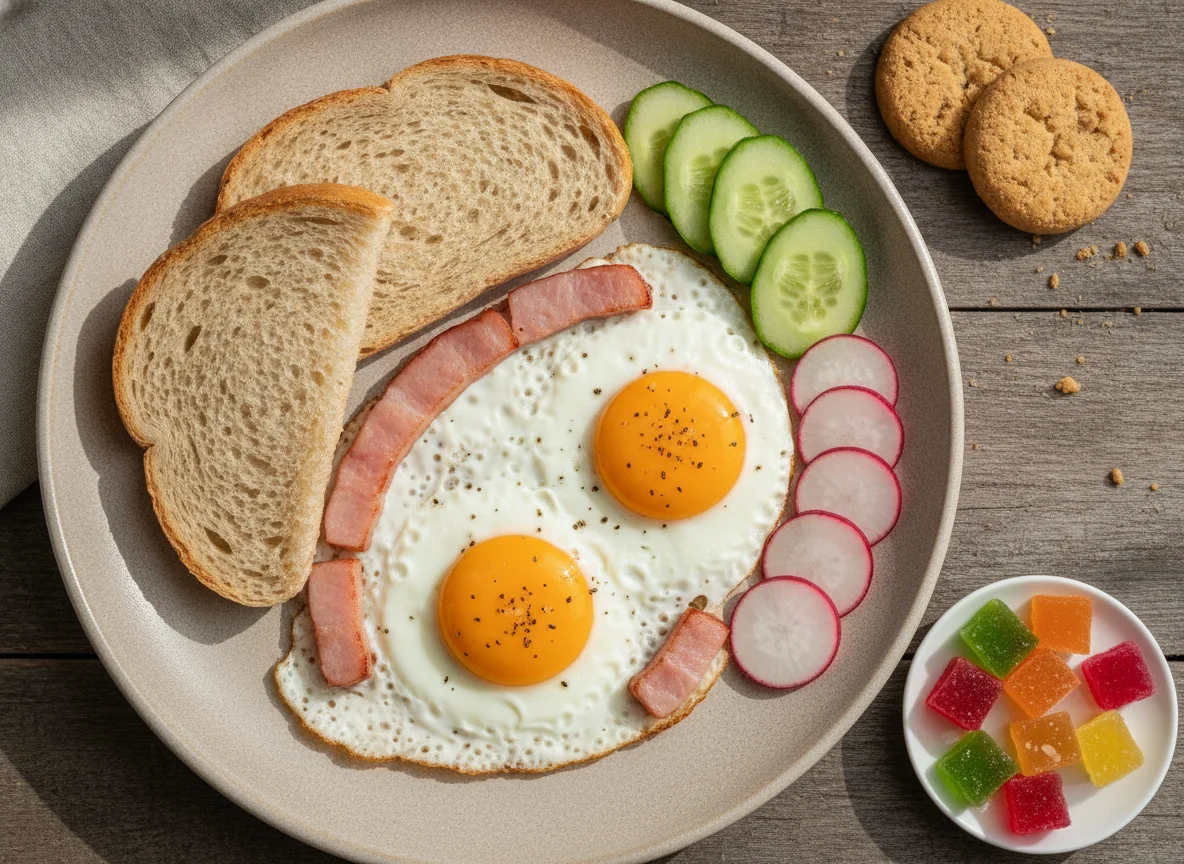 Яичница с ветчиной, овощами и хлебом photo