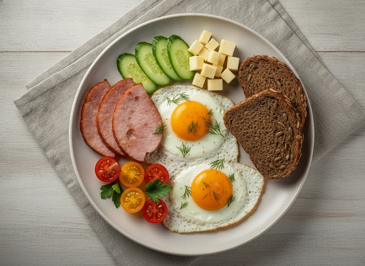Яичница с ветчиной, овощами и ржаным хлебом photo