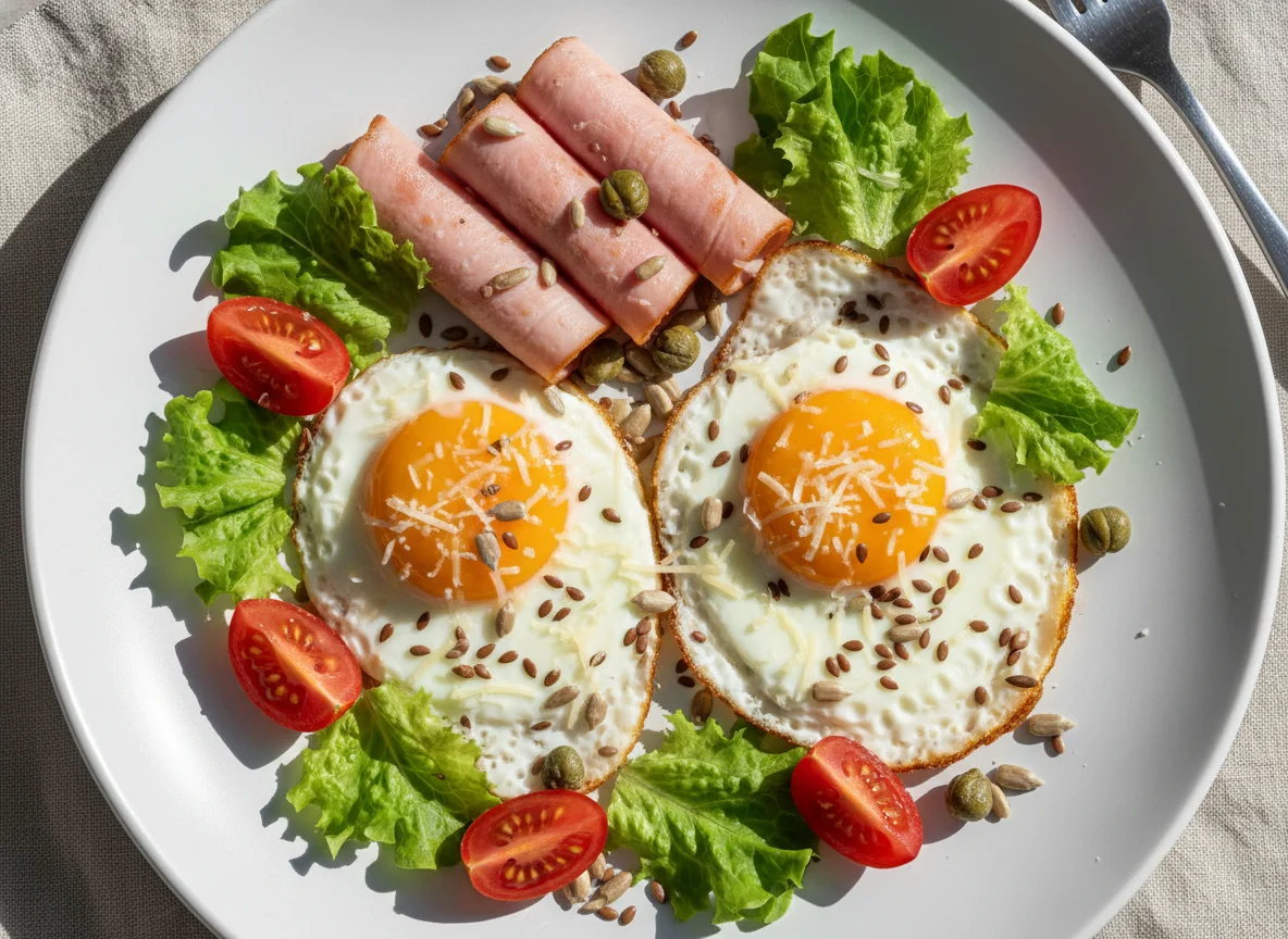 Яичница с ветчиной, овощами и семенами photo