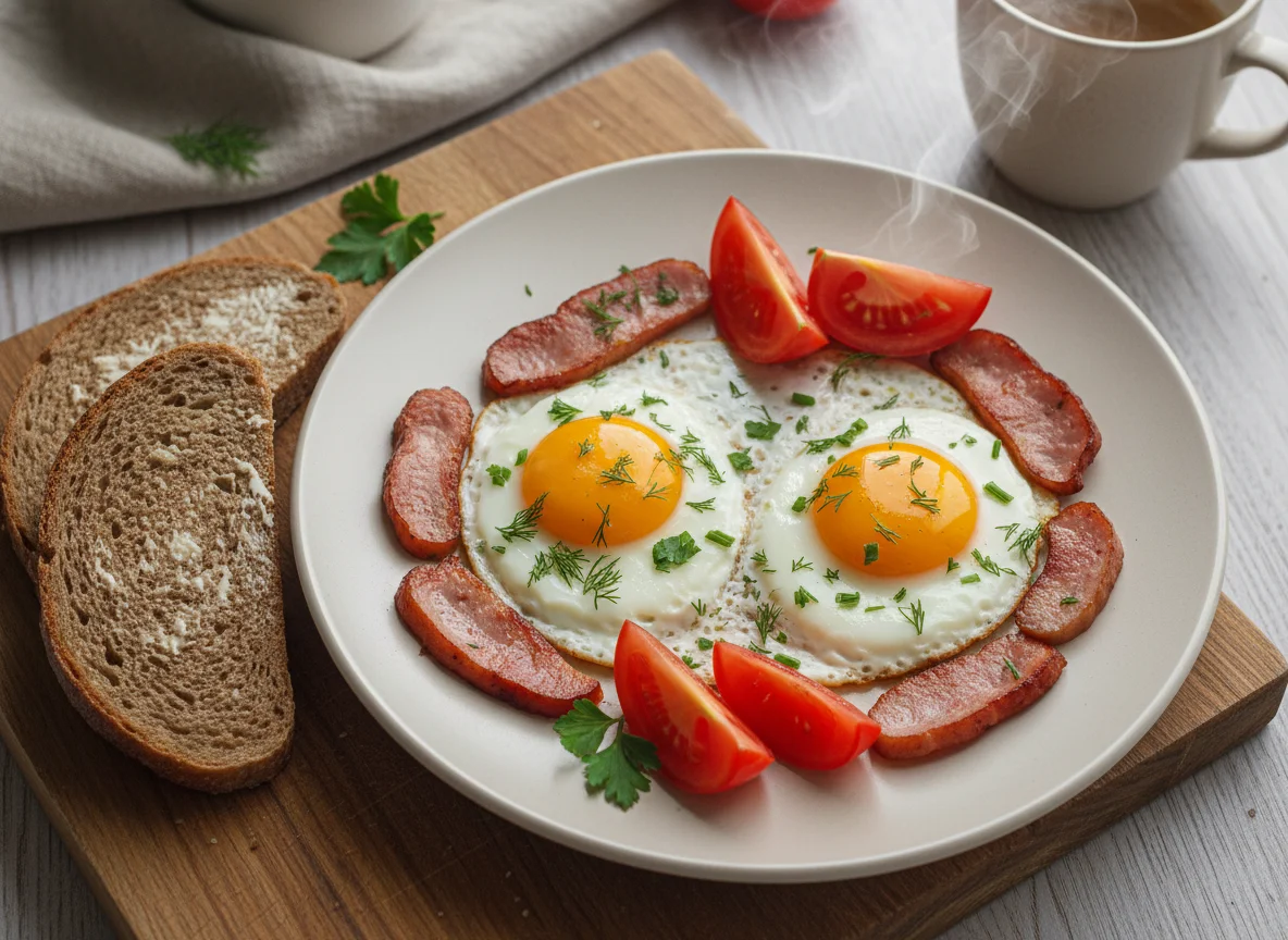 Яичница с ветчиной, помидорами и хлебом photo