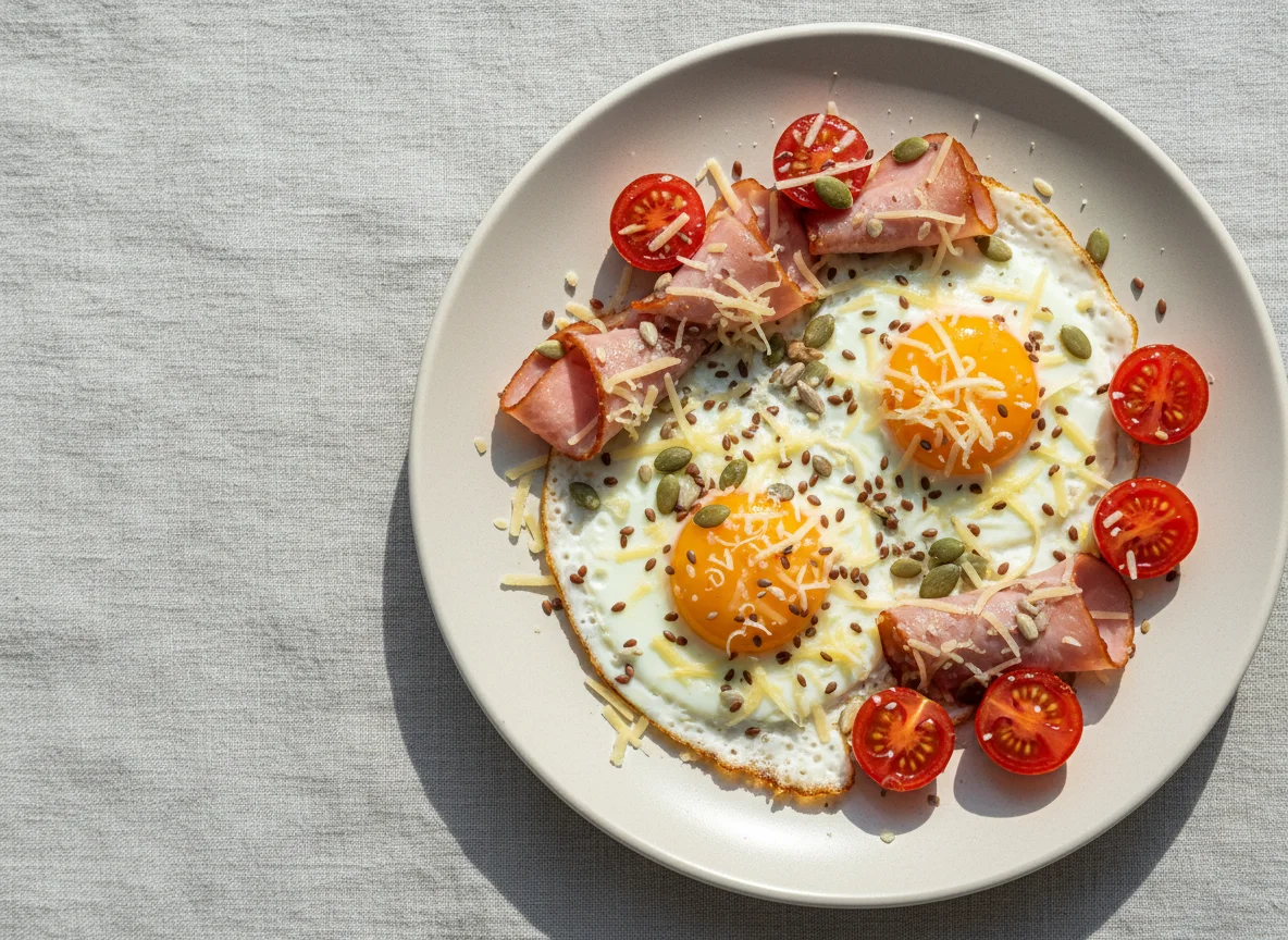 Яичница с ветчиной, помидорами и семенами photo