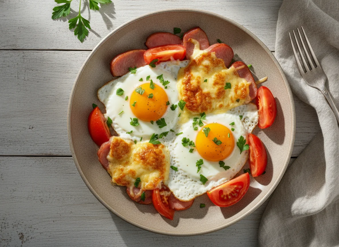 Яичница с ветчиной, помидорами и сыром photo