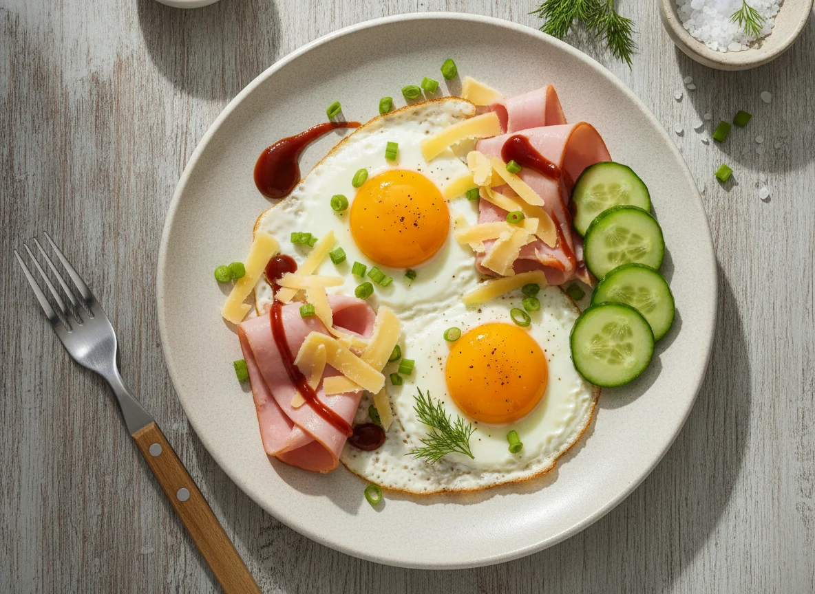 Яичница с ветчиной, сыром и огурцами photo