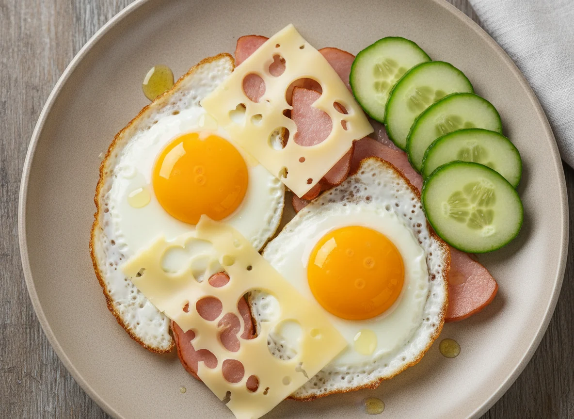 Яичница с ветчиной, сыром и огурцом photo