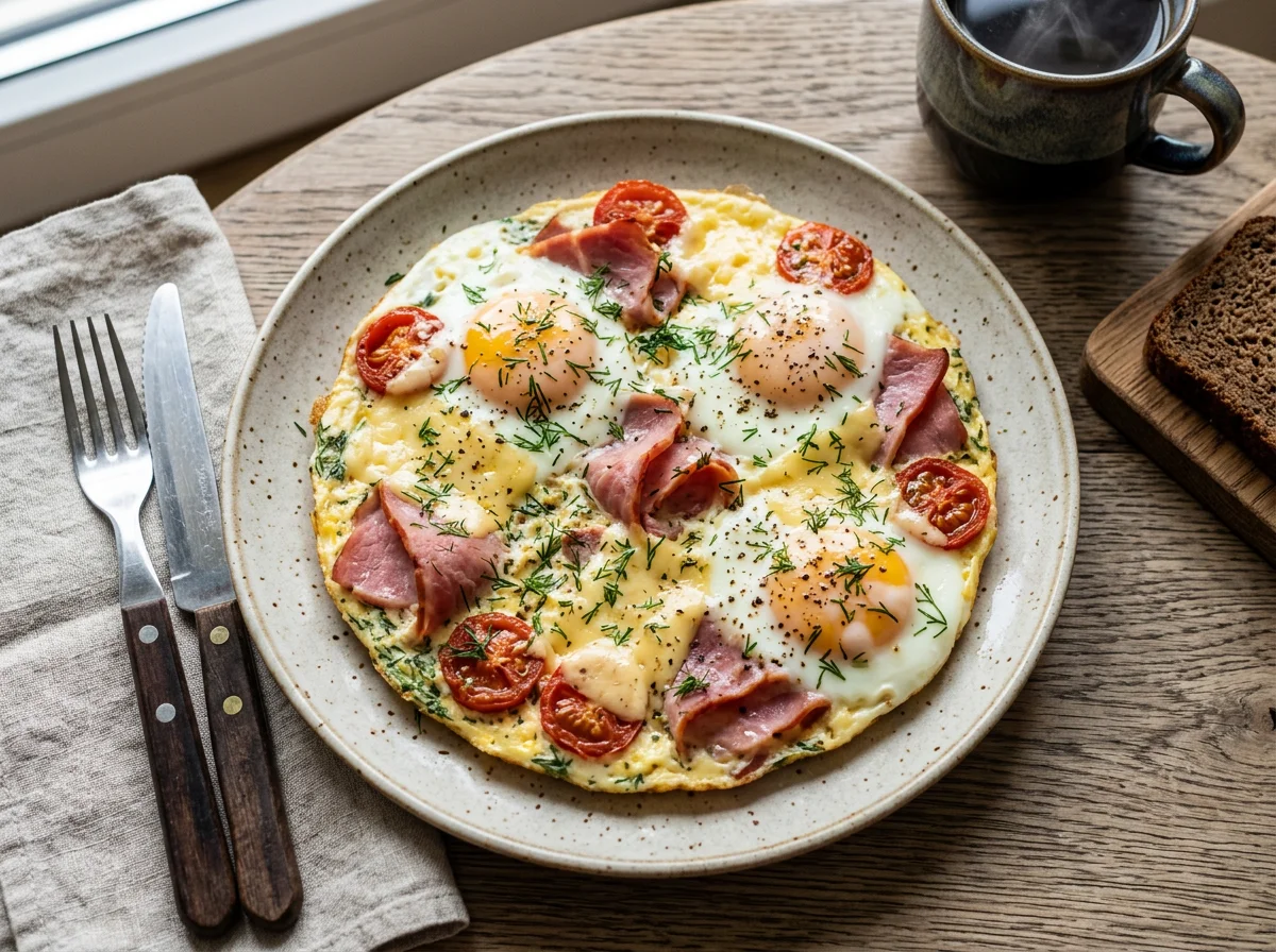 Яичница с ветчиной, сыром и помидорами photo