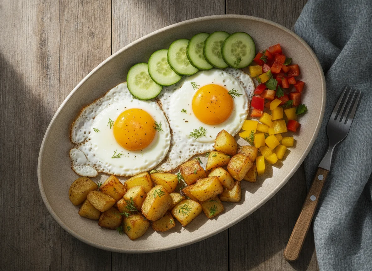 Яичница с жареным картофелем и овощами photo