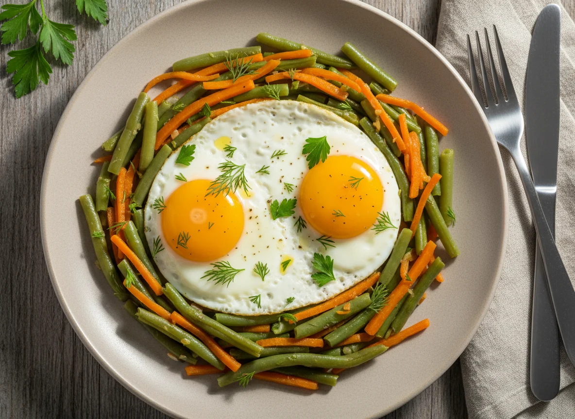 Яичница с зеленой фасолью и морковью photo
