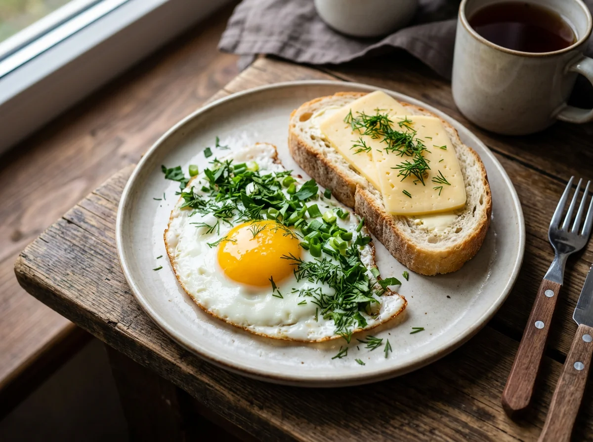 Яичница с зеленью и бутербродом photo