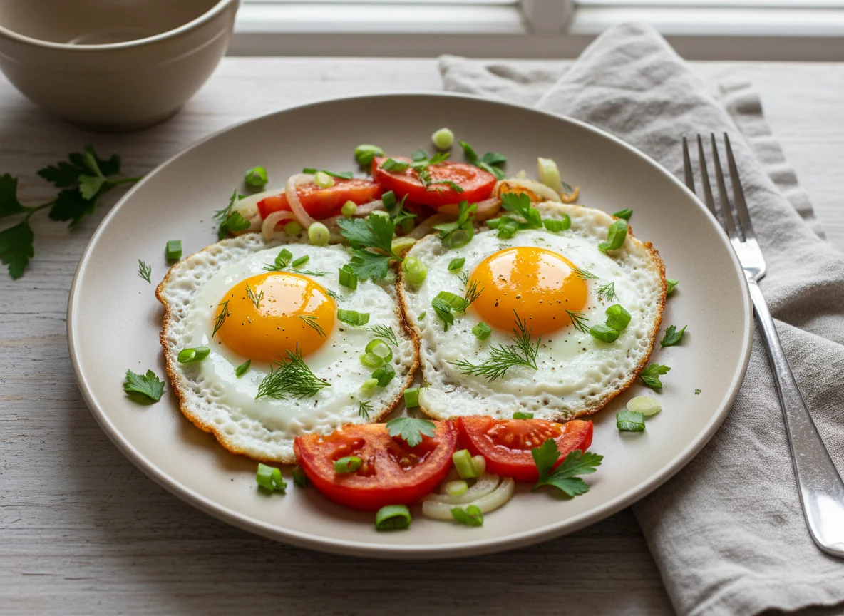 Яичница с зеленью и овощами photo