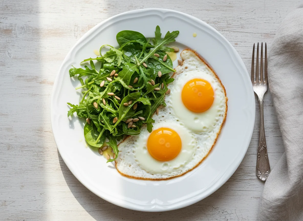 Яичница с зеленым салатом photo