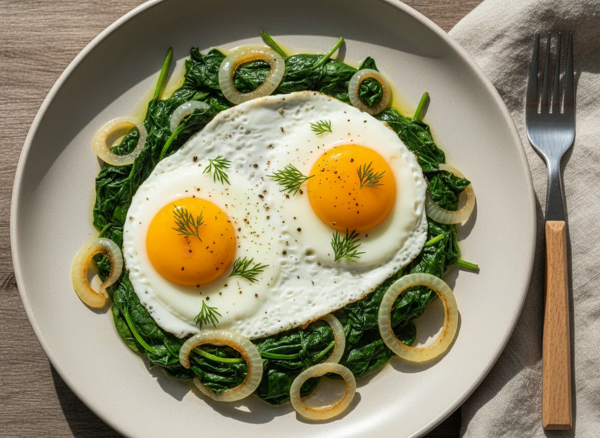Яичница со шпинатом и луком photo