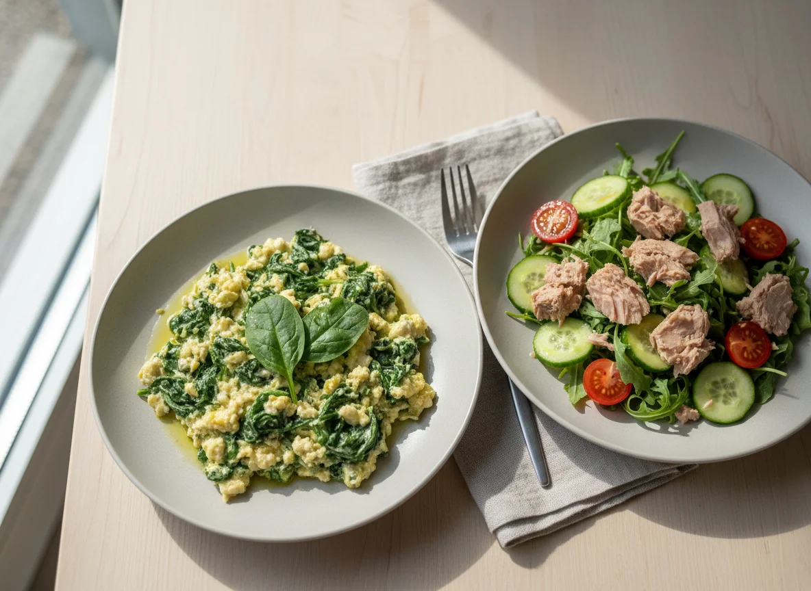 Яичница со шпинатом и салат с тунцом photo