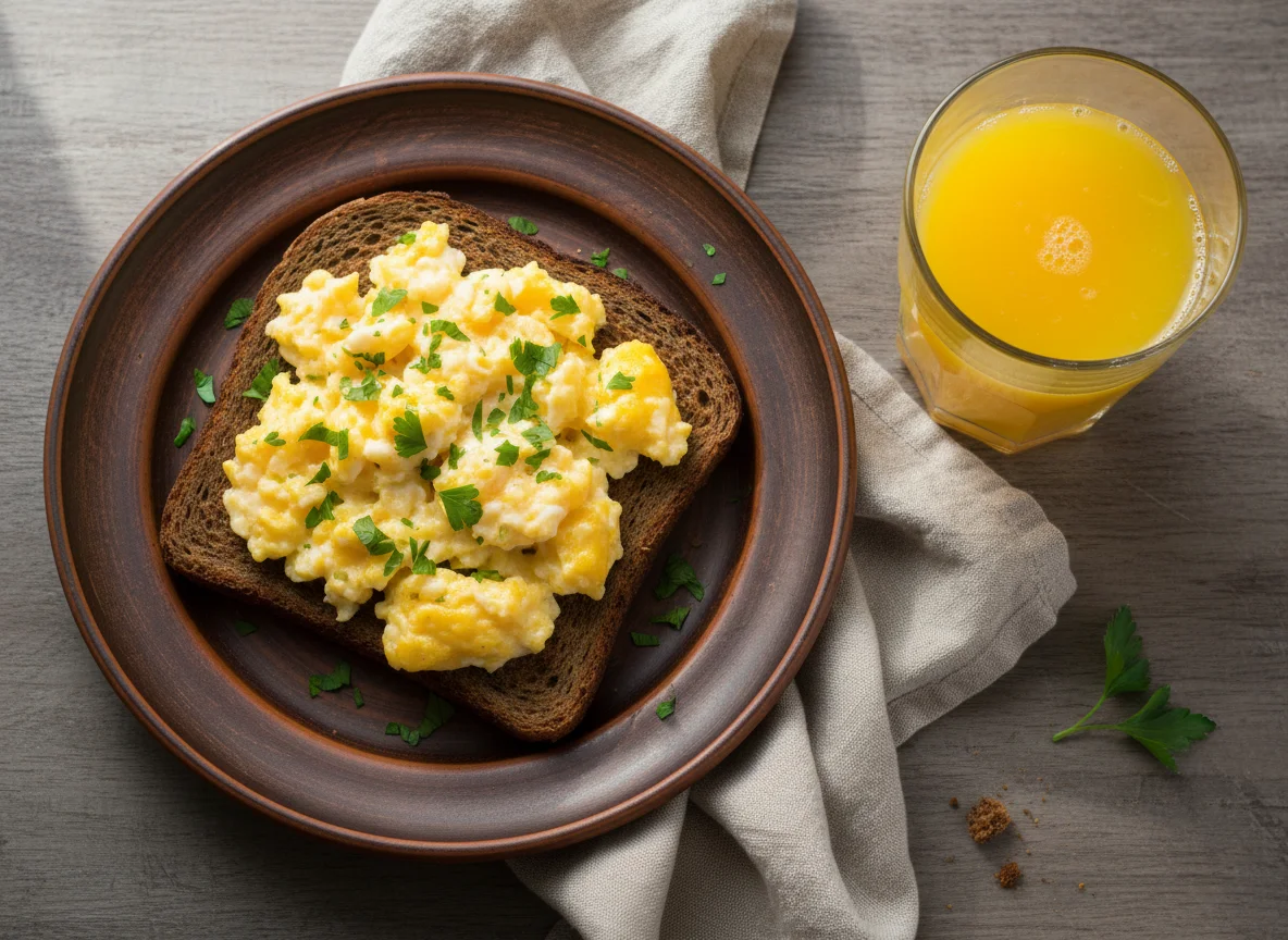 Яичница-болтунья на тосте с апельсиновым соком photo