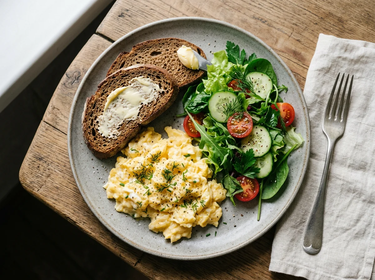 Яичница-болтунья с хлебом, маслом и салатом photo