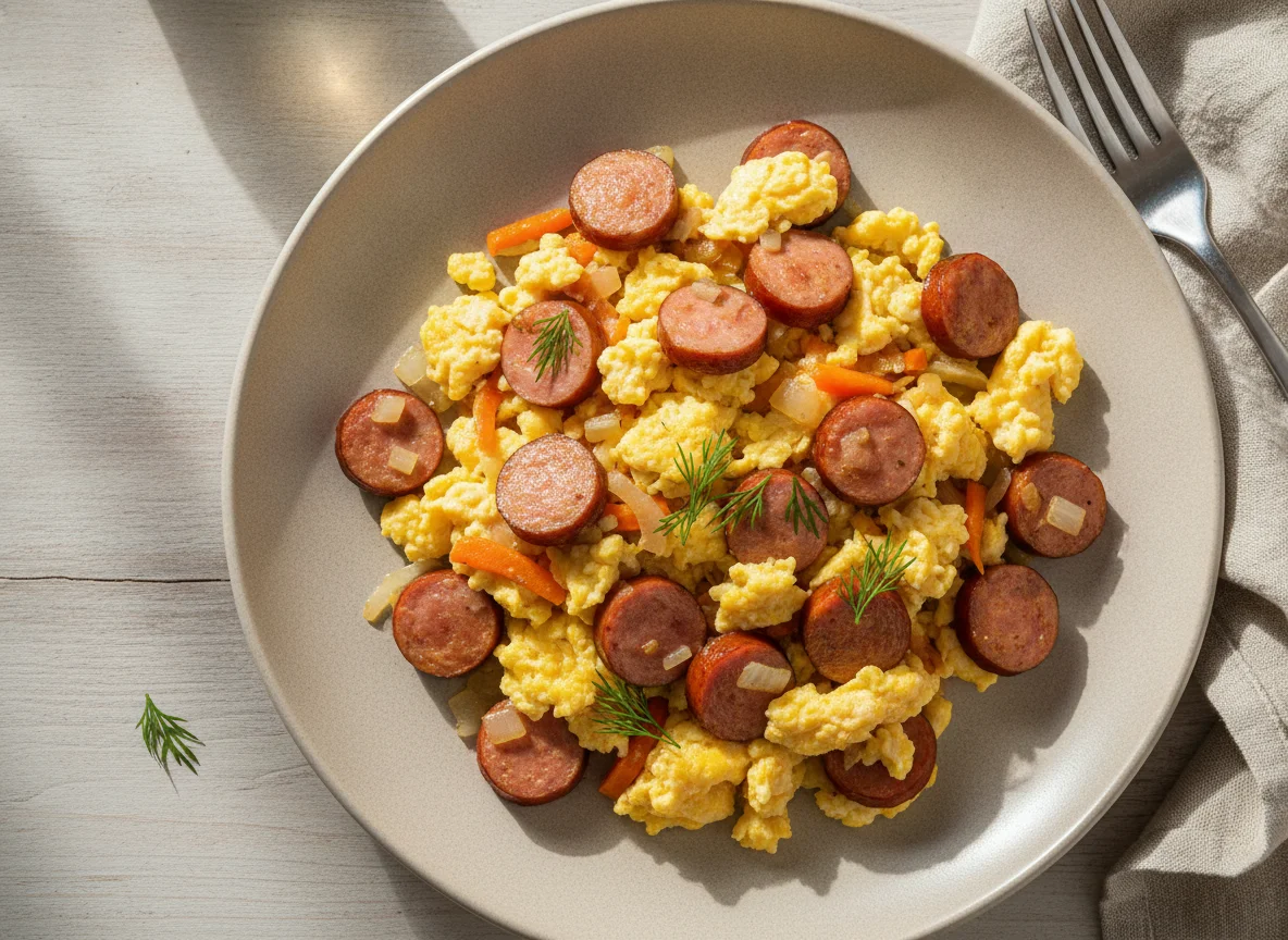 Яичница-болтунья с колбасой и овощами photo
