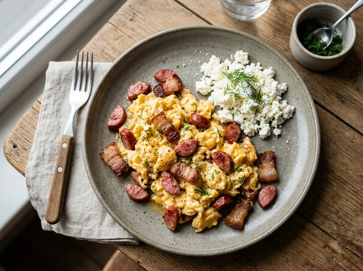 Яичница-болтунья с колбасой, салом и творогом photo