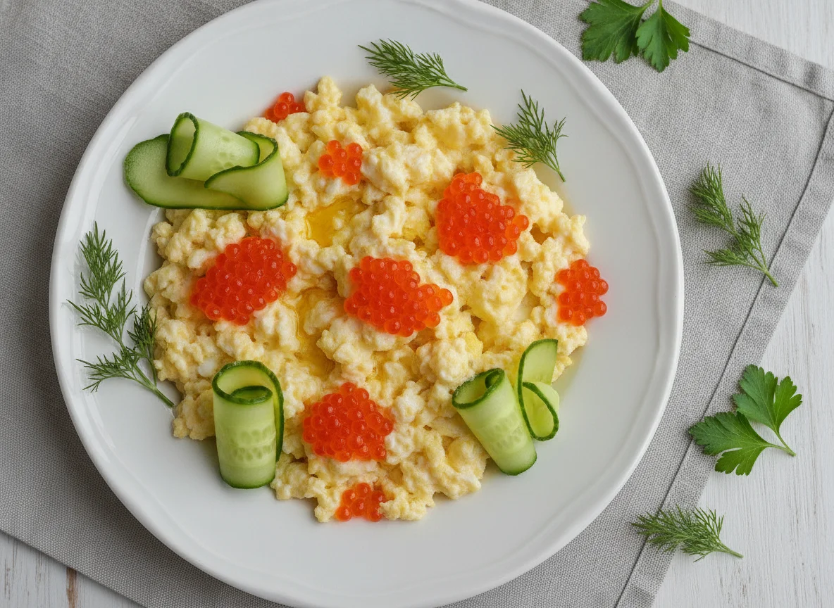 Яичница-болтунья с красной икрой и огурцом photo