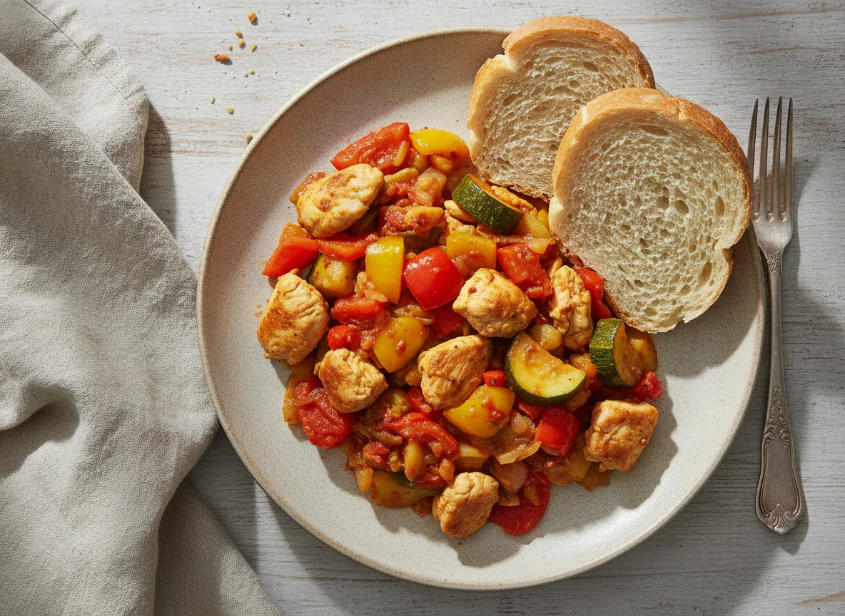Яичница-болтунья с курицей и овощами photo