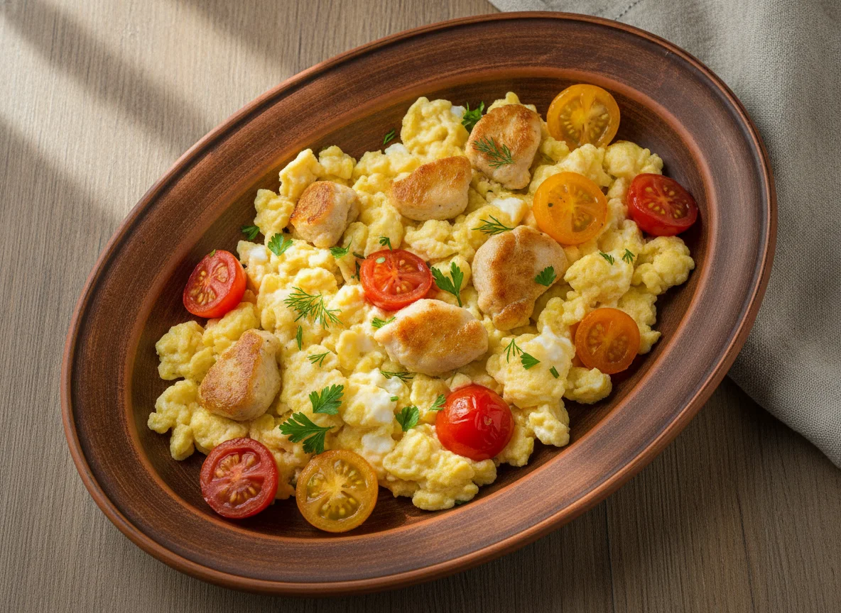 Яичница-болтунья с курицей и помидорами photo