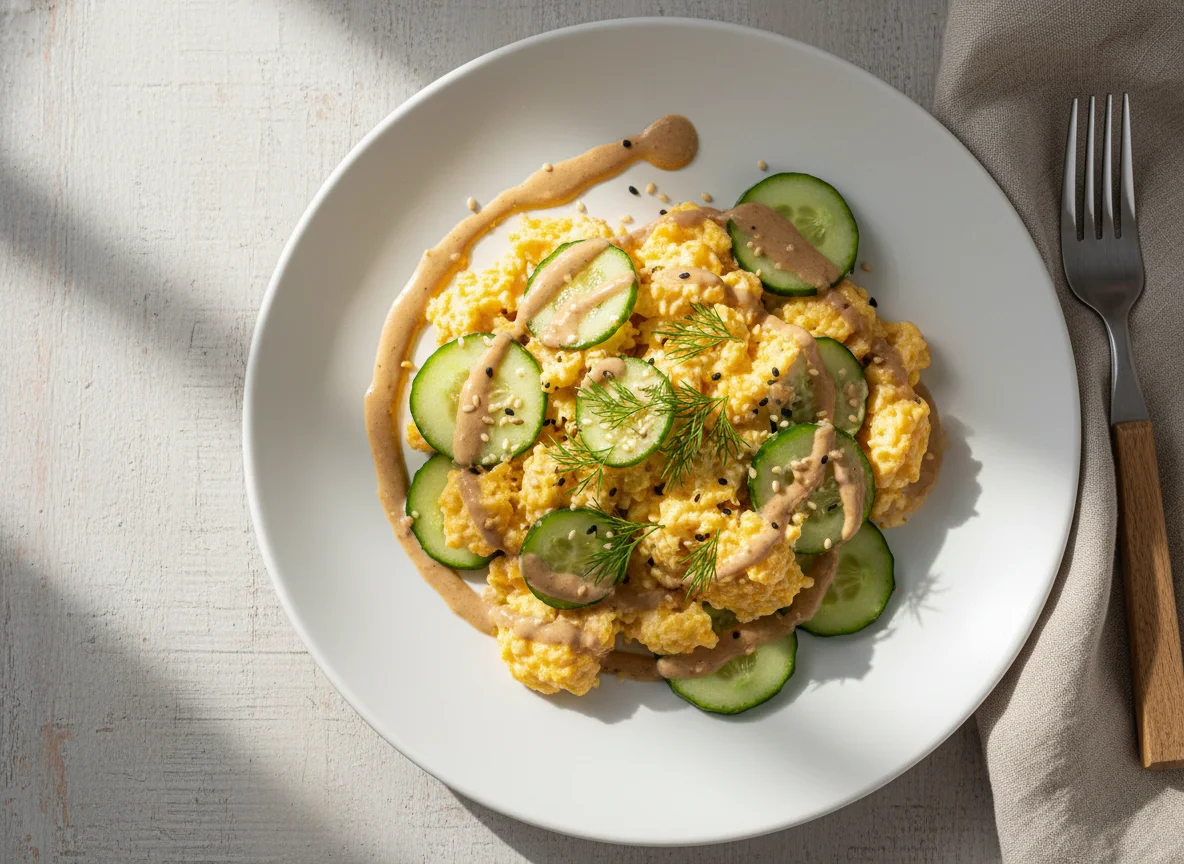 Яичница-болтунья с огурцами и соусом photo