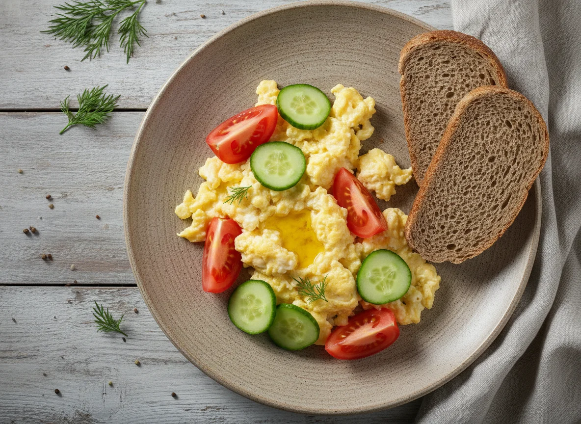 Яичница-болтунья с овощами и ржаным хлебом photo