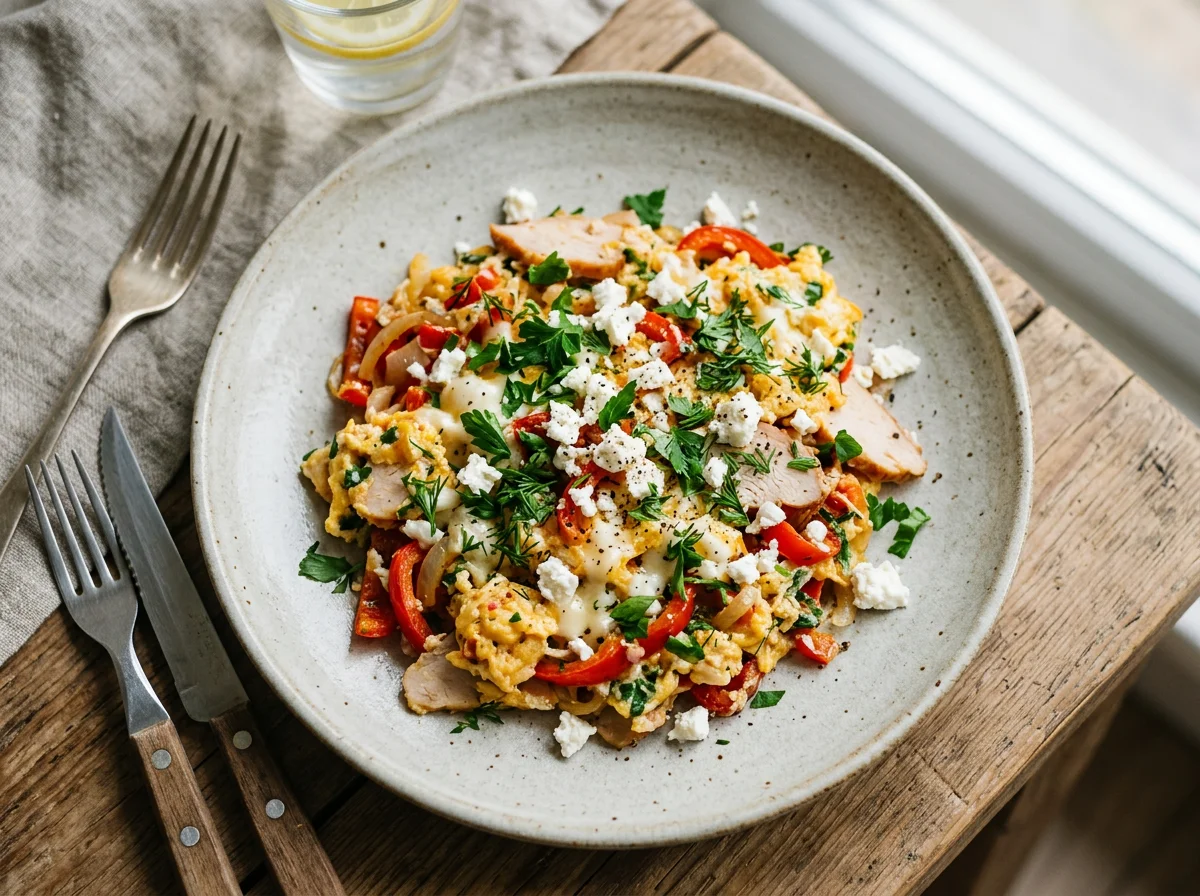 Яичница-болтунья с овощами и сыром photo