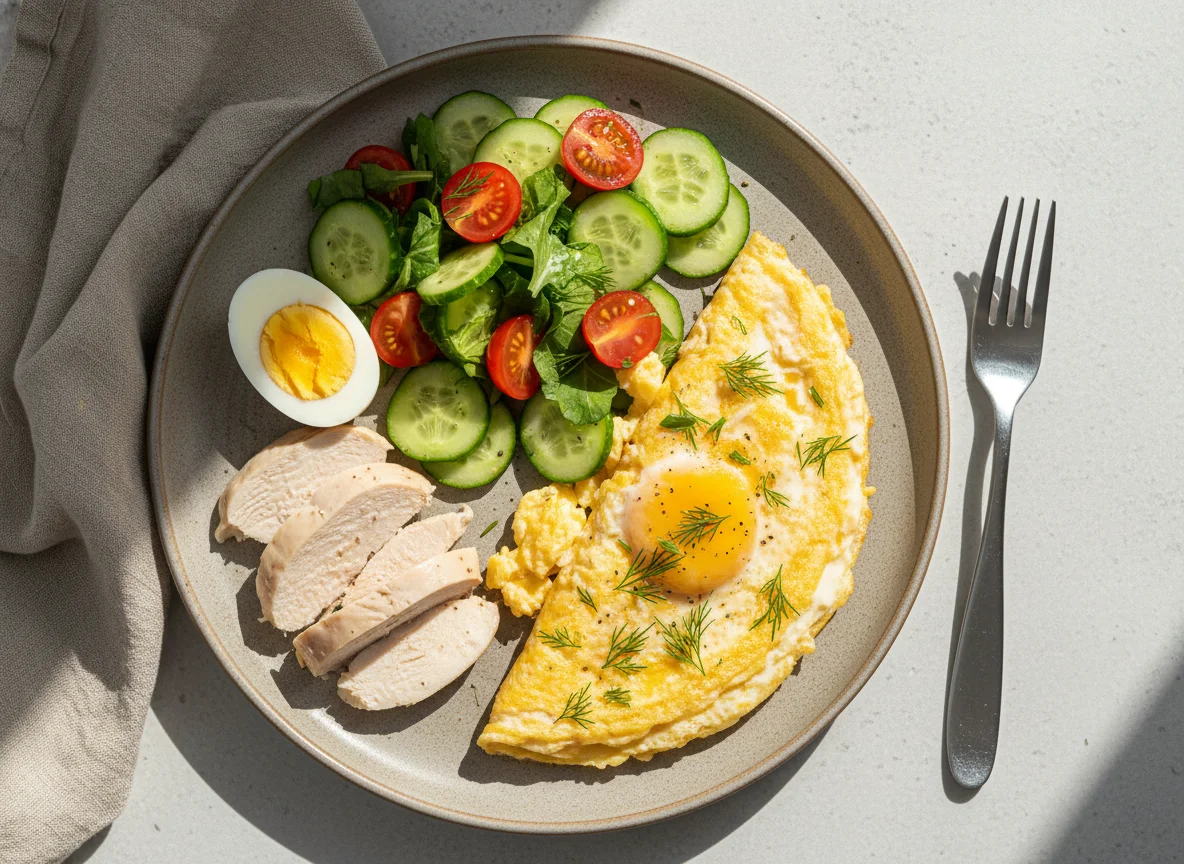 Яичница-болтунья с овощным салатом и курицей photo