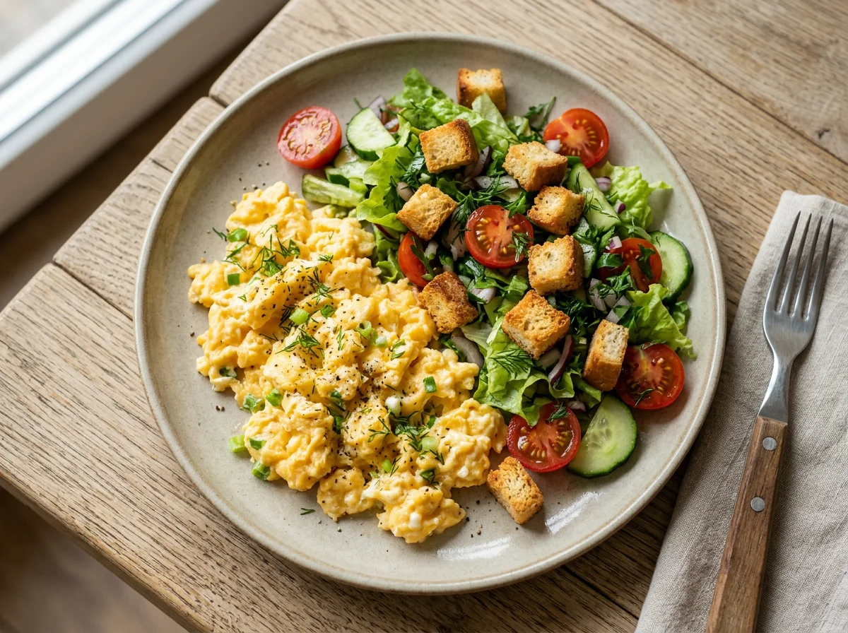 Яичница-болтунья с овощным салатом и сухариками photo