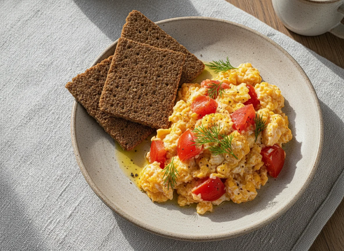 Яичница-болтунья с помидорами и хлебцами photo