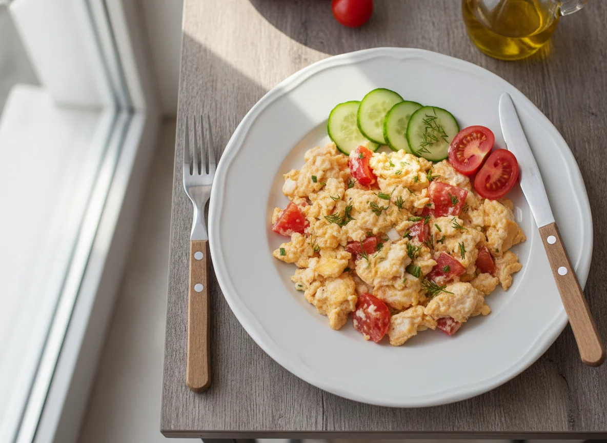Яичница-болтунья с помидорами и огурцом photo