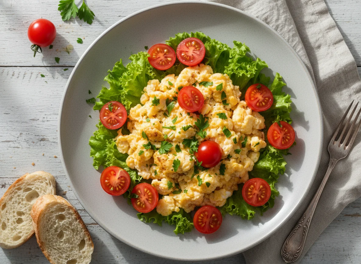 Яичница-болтунья с помидорами и зеленью photo