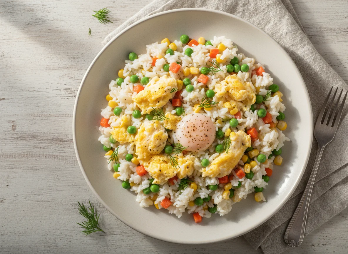 Яичница-болтунья с рисом и овощами photo