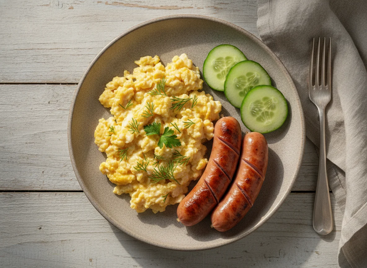 Яичница-болтунья с сосисками и огурцом photo