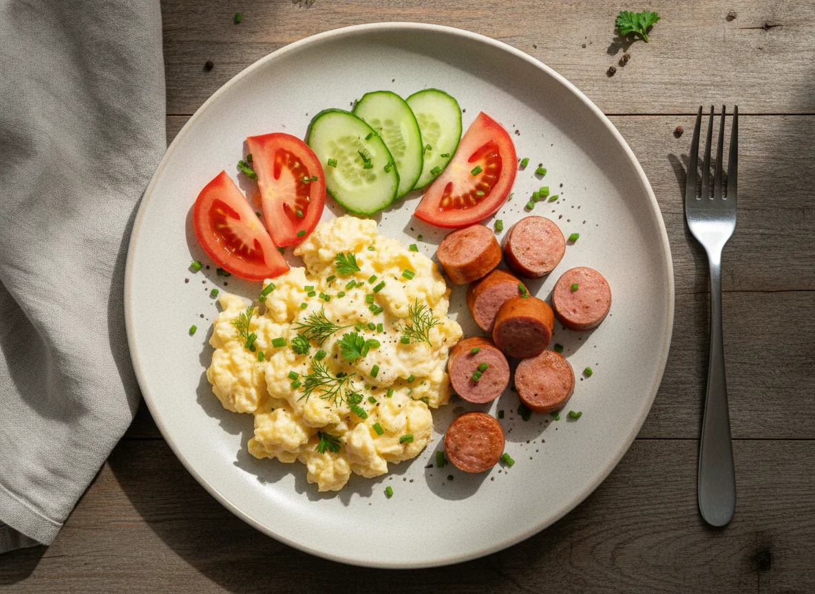 Яичница-болтунья с сосисками и овощами photo