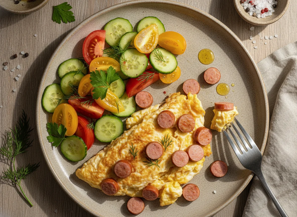 Яичница-болтунья с сосисками и овощным салатом photo