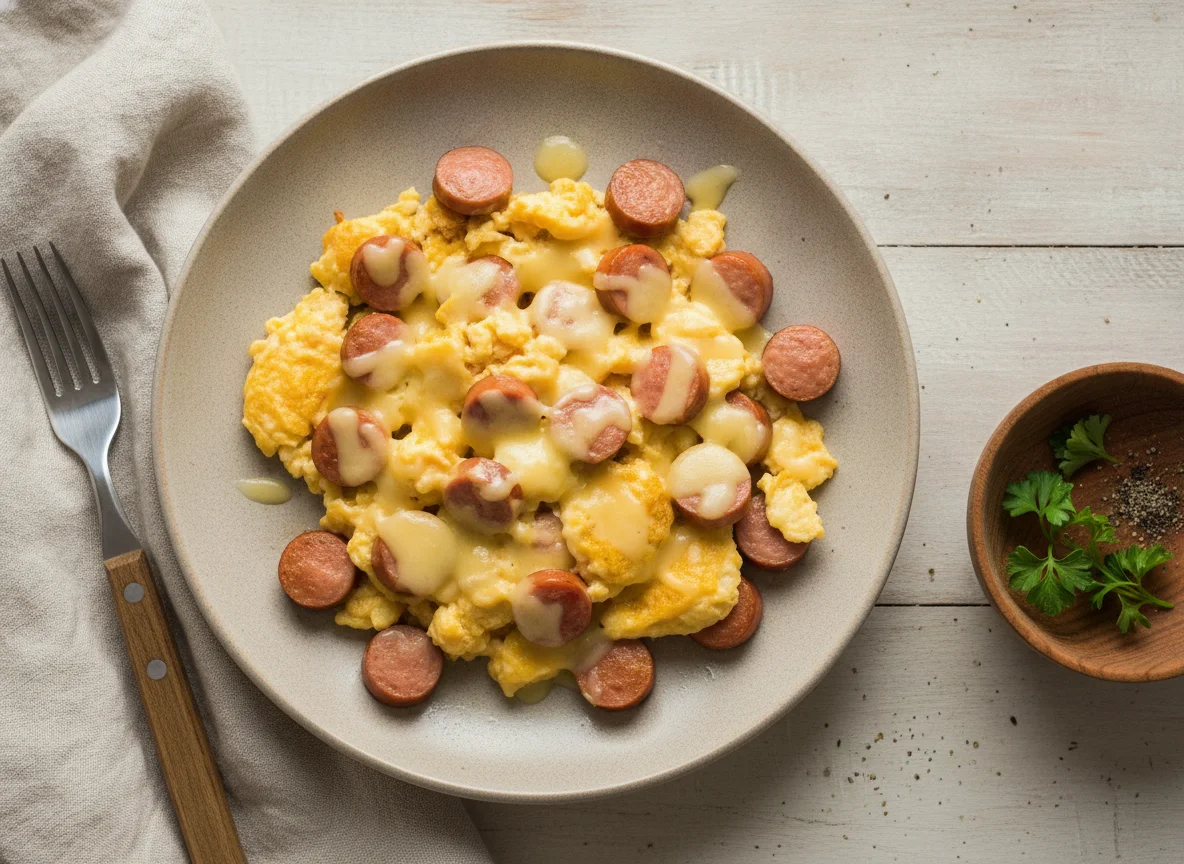 Яичница-болтунья с сосисками и сыром photo