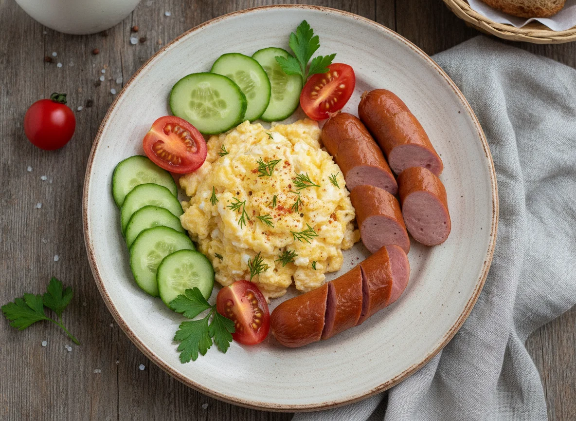 Яичница-болтунья с сосиской и овощами photo