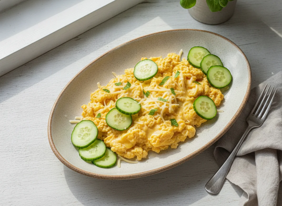 Яичница-болтунья с сыром и огурцами photo