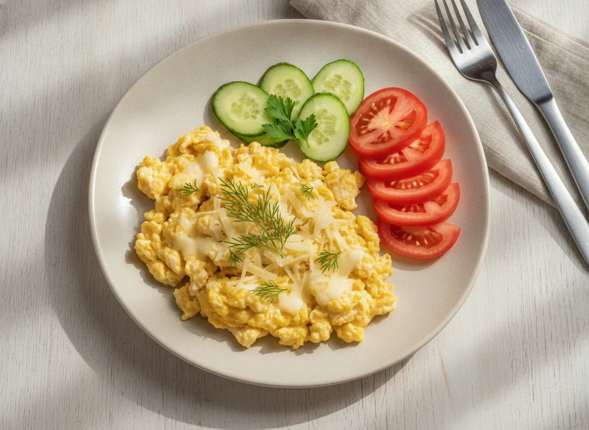 Яичница-болтунья с сыром и овощами photo
